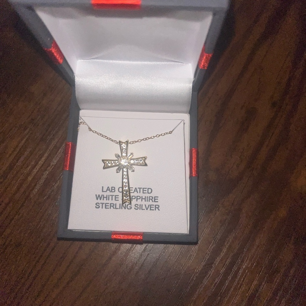 14k gold over Sterling Silver Cross Necklace with Lab-Created White Sapphire